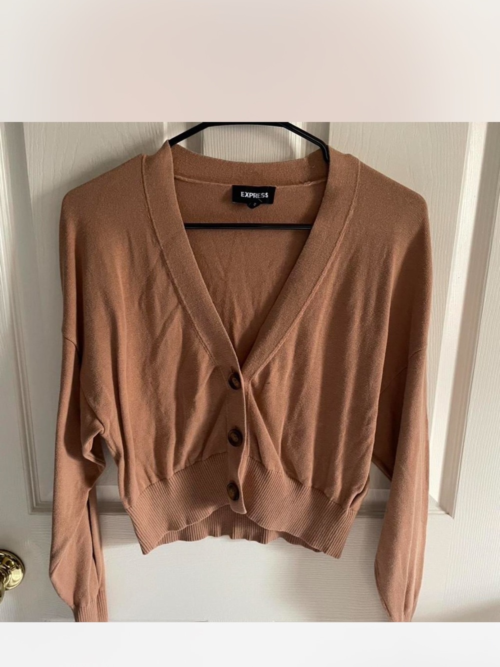 Express Cropped Button-Front Cardigan in Camel Brown